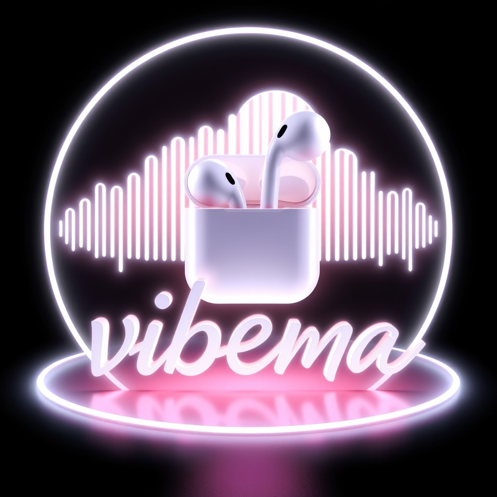 A futuristic 3D fantasy logo on a black background featuring Apple AirPods floating in the center, glowing with a dreamy white neon halo