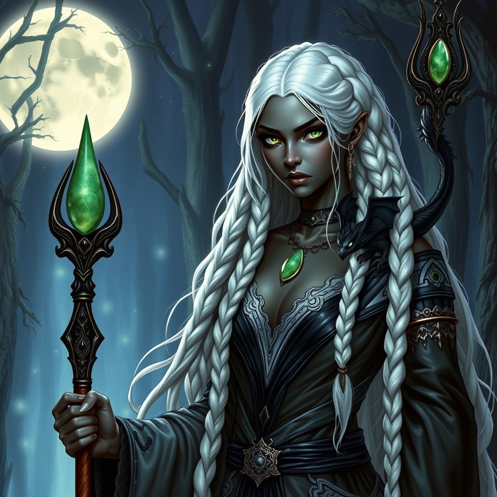 A tall, strong female drow with obsidian skin and long, intricately braided white hair, complemented by striking silver eyes