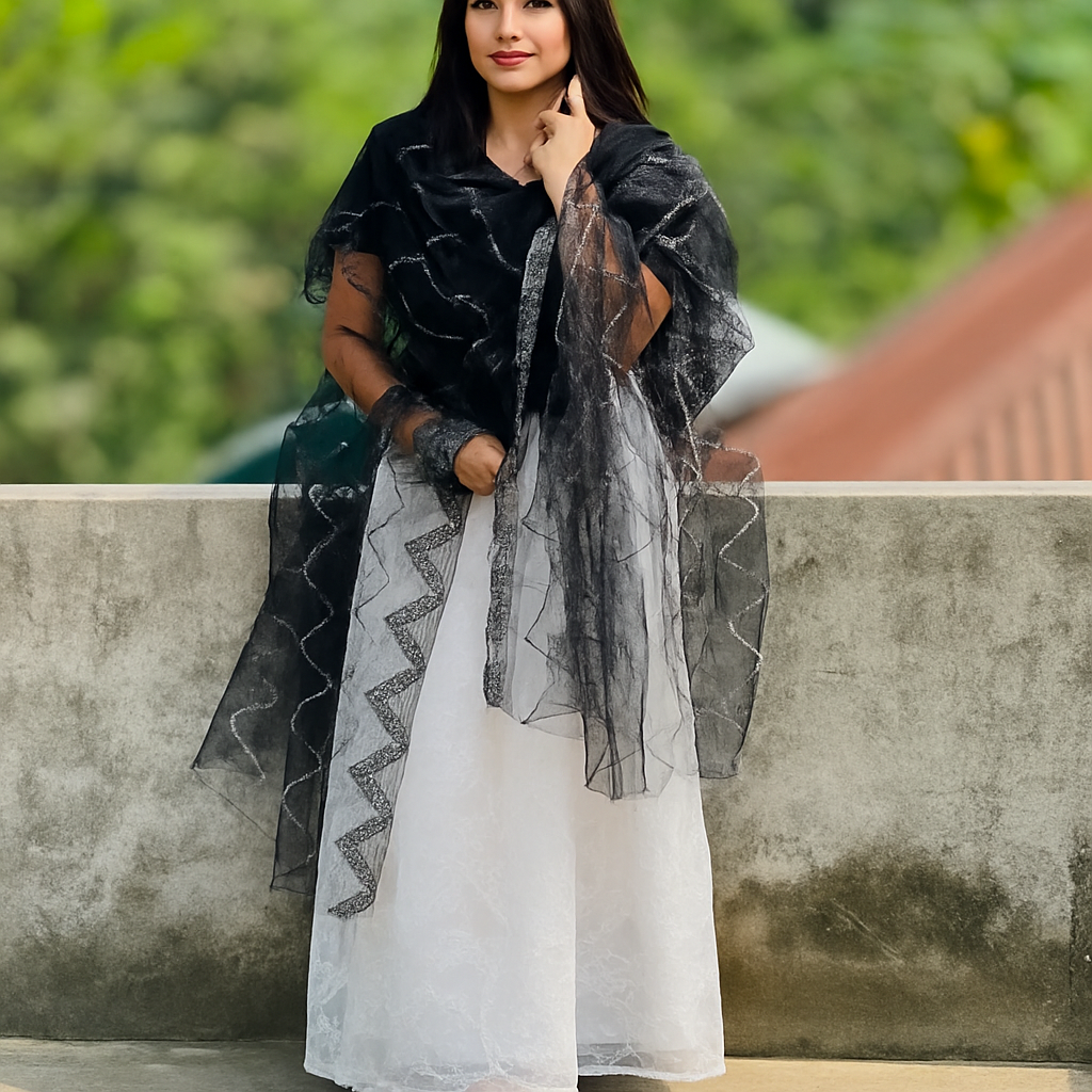 A person standing elegantly against a scenic background, showcasing their outfit