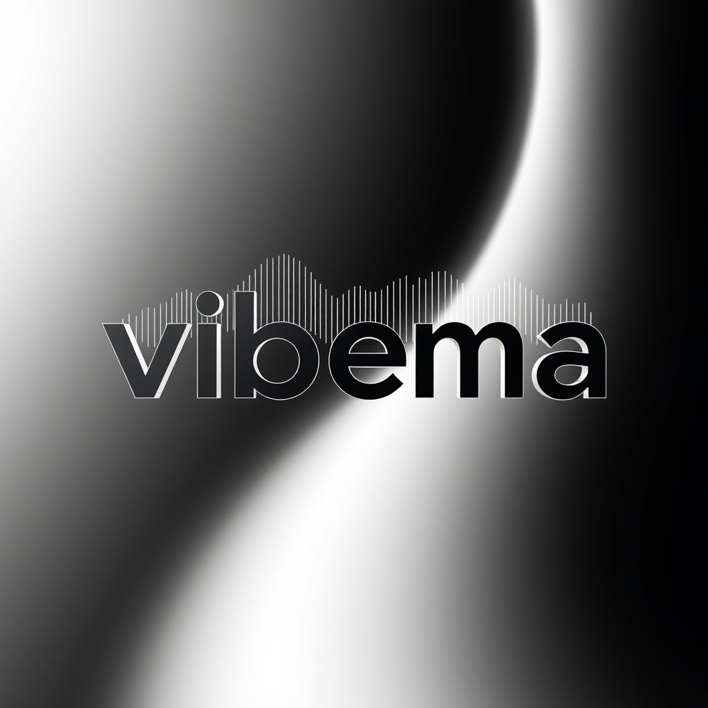 Minimal and artistic 3D logo design for a modern music brand named "vibema", featuring a black background with a subtle glowing gradient transitioning from white to soft silver