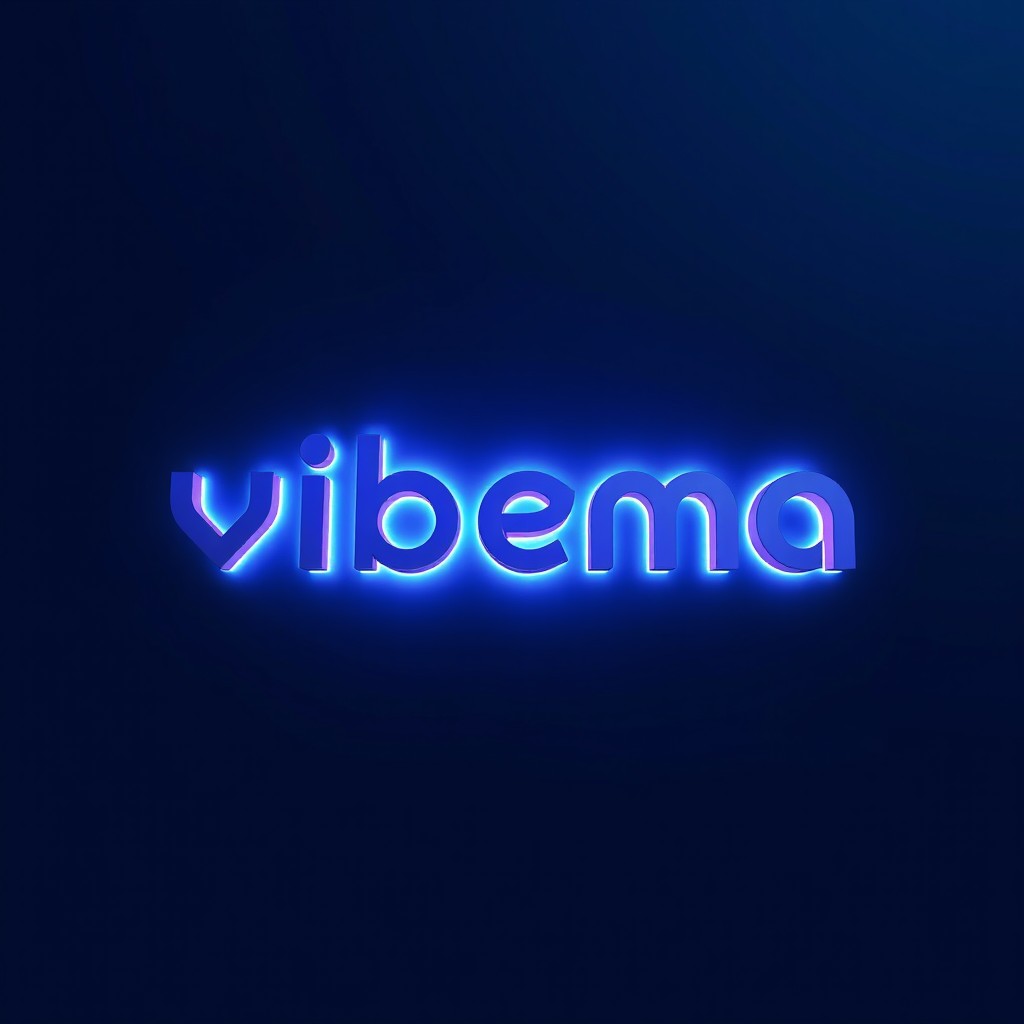 A futuristic and artistic 3D logo for a next-gen music brand named 'vibema', set against a matte dark gray background featuring a gradient glow that transitions from deep violet to indigo