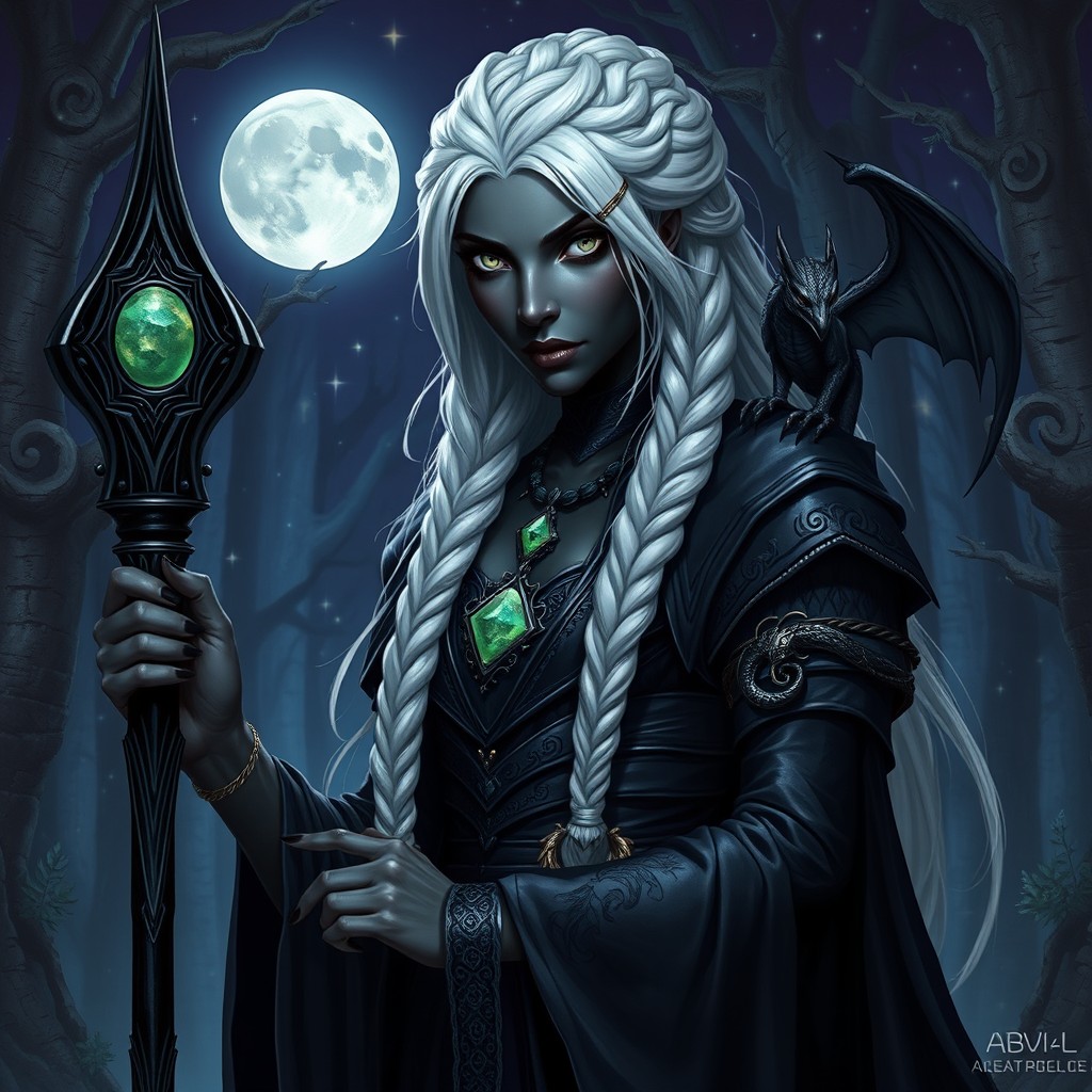 A female Drow with striking black skin, tall and strong, features luxurious long white hair styled in intricate braids and fierce silver eyes