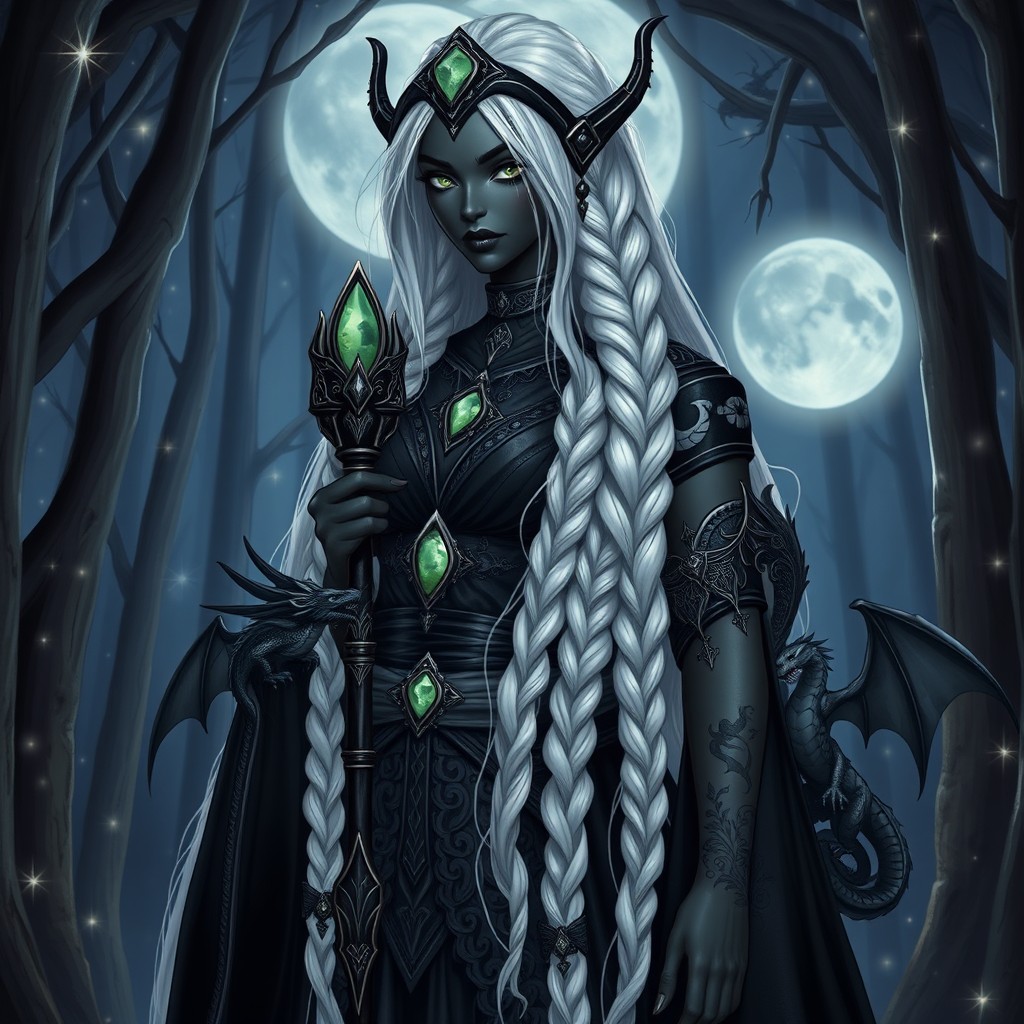 A female Drow with striking black skin, standing tall and strong, featuring luxurious long white hair elegantly styled in braids and fierce silver eyes