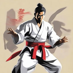 Craft an image of Gojo, a renowned martial artist, showcasing his prowess. His expression is focused and the setting is a serene dojo. He should appear posed for battle, with his unique fighting style at the ready