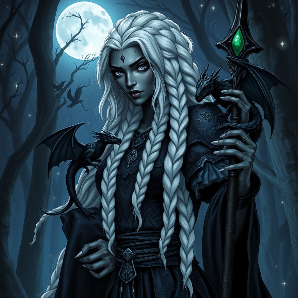A female Drow with striking black skin, tall and strong, featuring long white hair intricately braided