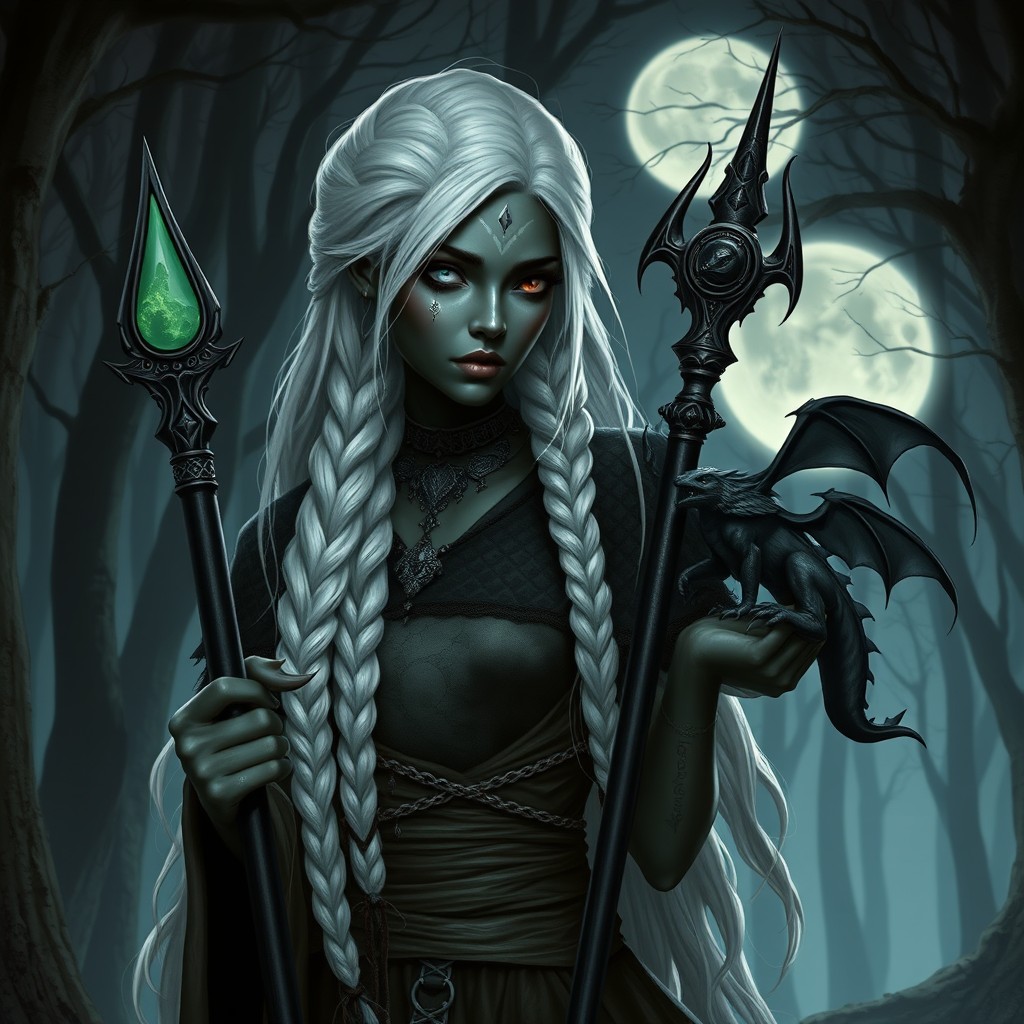 A female Drow with striking black skin, tall and strong, featuring long white hair intricately braided, with one silver eye and one black eye, and a noticeable scar on her mouth that adds to her enigmatic appeal