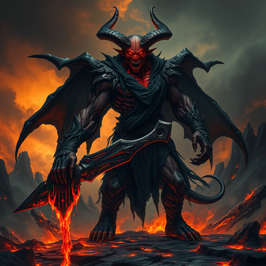 A dark and menacing demon standing in a fiery landscape