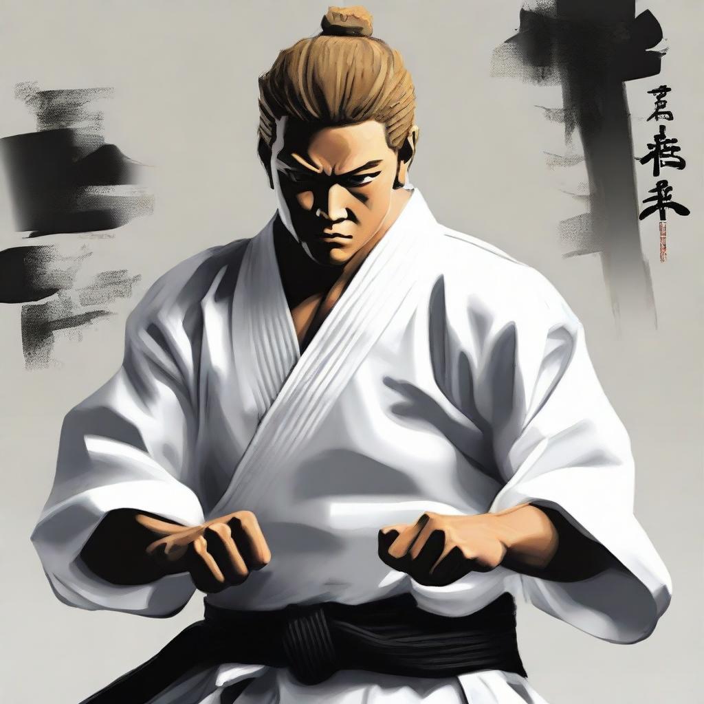 Craft an image of Gojo, a renowned martial artist, showcasing his prowess. His expression is focused and the setting is a serene dojo. He should appear posed for battle, with his unique fighting style at the ready