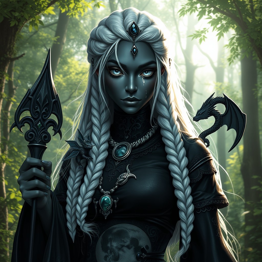 A female Drow with striking black skin, tall and strong, featuring long white hair styled in intricate braids