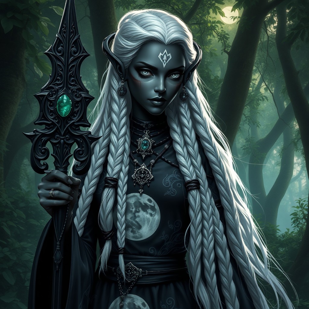 A female Drow with striking black skin, tall and strong, featuring long white hair styled in intricate braids