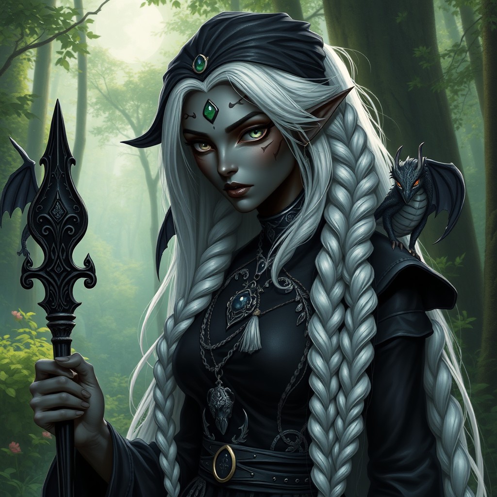 A female Drow with stunning black skin, tall and strong, featuring long white hair styled in elegant braids