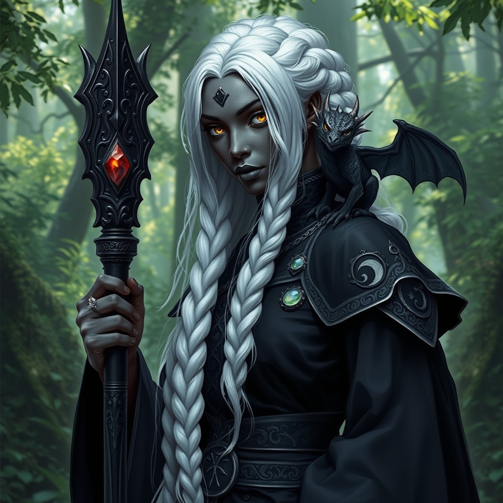 A female Drow with striking black skin, tall and strong, featuring long white hair styled in beautiful braids