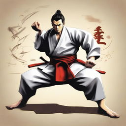 Craft an image of Gojo, a renowned martial artist, showcasing his prowess. His expression is focused and the setting is a serene dojo. He should appear posed for battle, with his unique fighting style at the ready