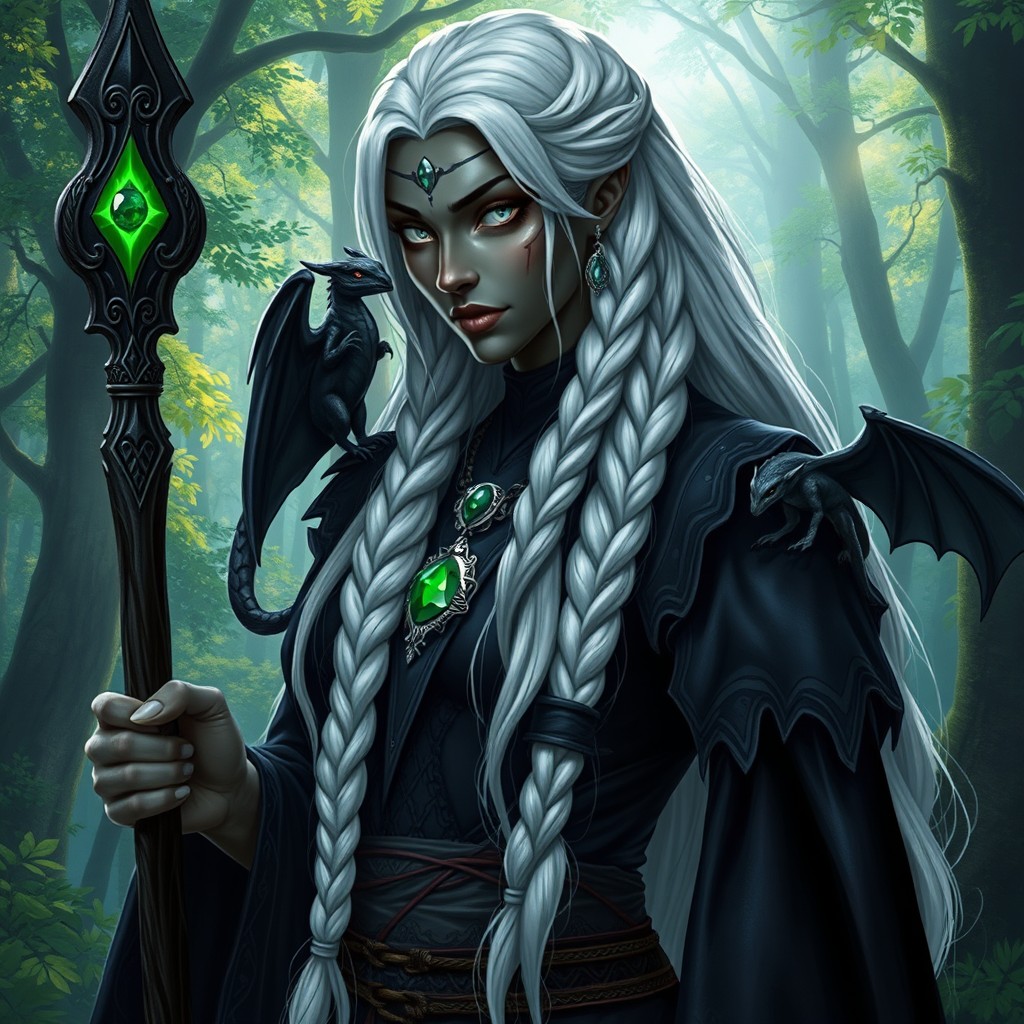 A female Drow with impressive black skin, tall and strong, showcasing long white hair elegantly styled in braids