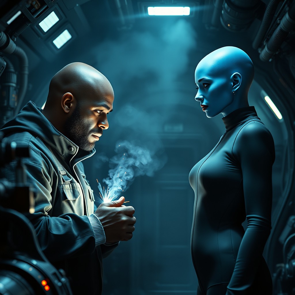 In a very dark futuristic spaceship engine room filled with a hazy, smoky atmosphere, a bald, Afro-American engineer is poised to micro-weld components together