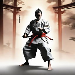 Craft an image of Gojo, a renowned martial artist, showcasing his prowess. His expression is focused and the setting is a serene dojo. He should appear posed for battle, with his unique fighting style at the ready