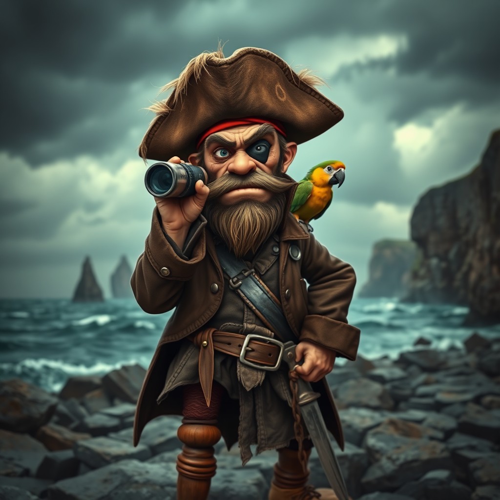 A grumpy pirate standing on a rocky beach, wearing a tattered pirate hat and a rugged coat
