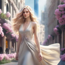 Photorealistic image of a beautiful blonde woman with flowing hair wearing luxurious attire, walking on a flower-laden street in the futuristic city.