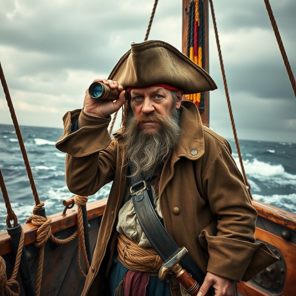 A grumpy pirate standing on the deck of a weathered pirate ship, peering through a spyglass with a stern expression