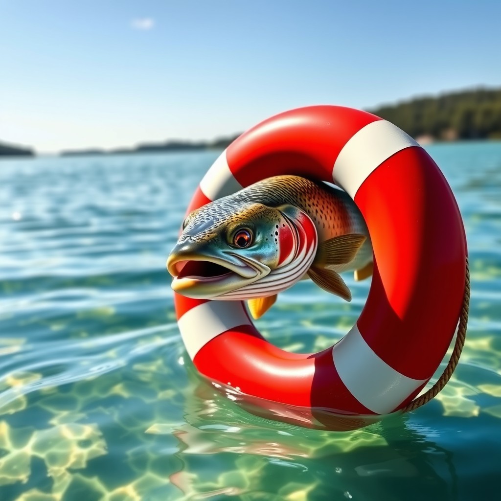 A whimsical lifebuoy featuring a realistic trout head positioned prominently in the center, with vibrant scales and intricate details on the trout's face