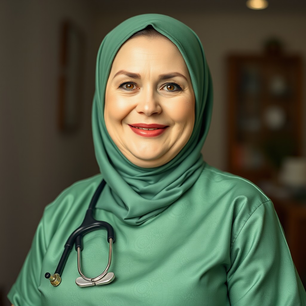 A sweet, chubby Russian woman around 50 years old, dressed in a beautiful green hijab and a thin green batik doctor uniform