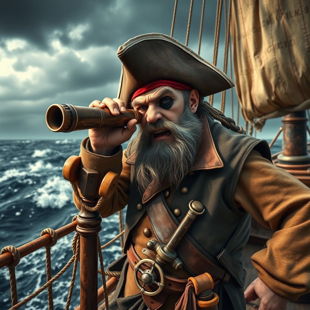 A grumpy pirate on the deck of an old sailing ship, intensely looking through a telescope