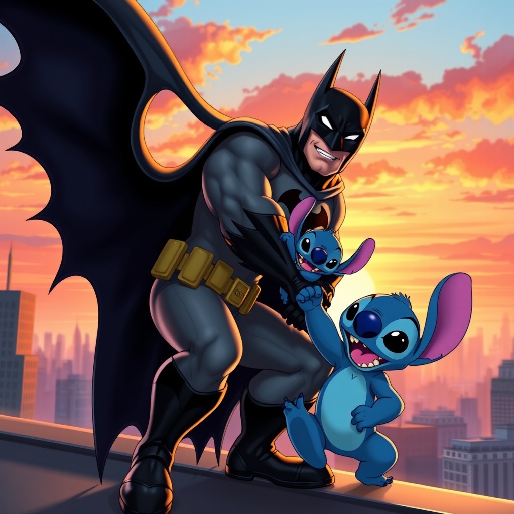 A vibrant and colorful scene featuring Batman, the iconic superhero known for his dark costume and cape, interacting with Stitch, the adorable blue alien from Lilo & Stitch