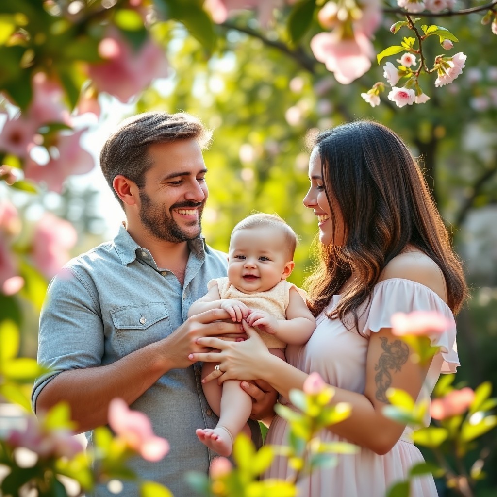 A joyful moment capturing a husband and wife holding their adorable baby in a vibrant outdoor setting
