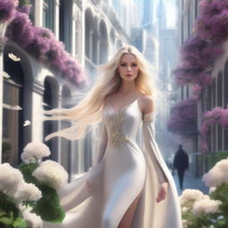 Photorealistic image of a beautiful blonde woman with flowing hair wearing luxurious attire, walking on a flower-laden street in the futuristic city.