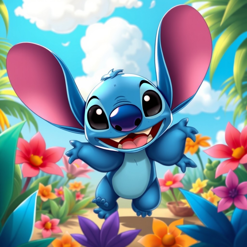 A vibrant and playful alien character resembling Stitch from Disney, with large expressive ears and a mischievous smile, standing in a tropical setting filled with exotic plants and flowers, under a bright blue sky with fluffy clouds