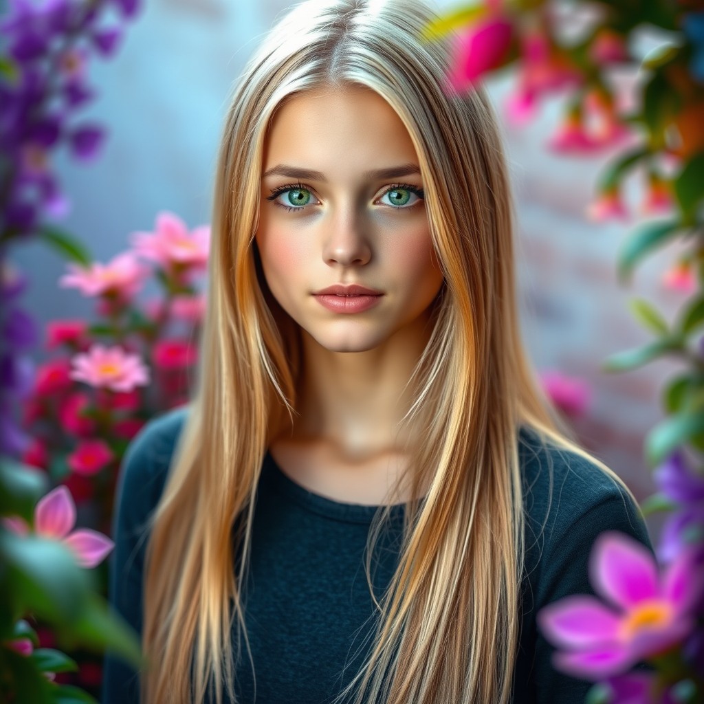 A female figure with long, straight blonde hair cascading down her back, framed by vibrant, natural surroundings