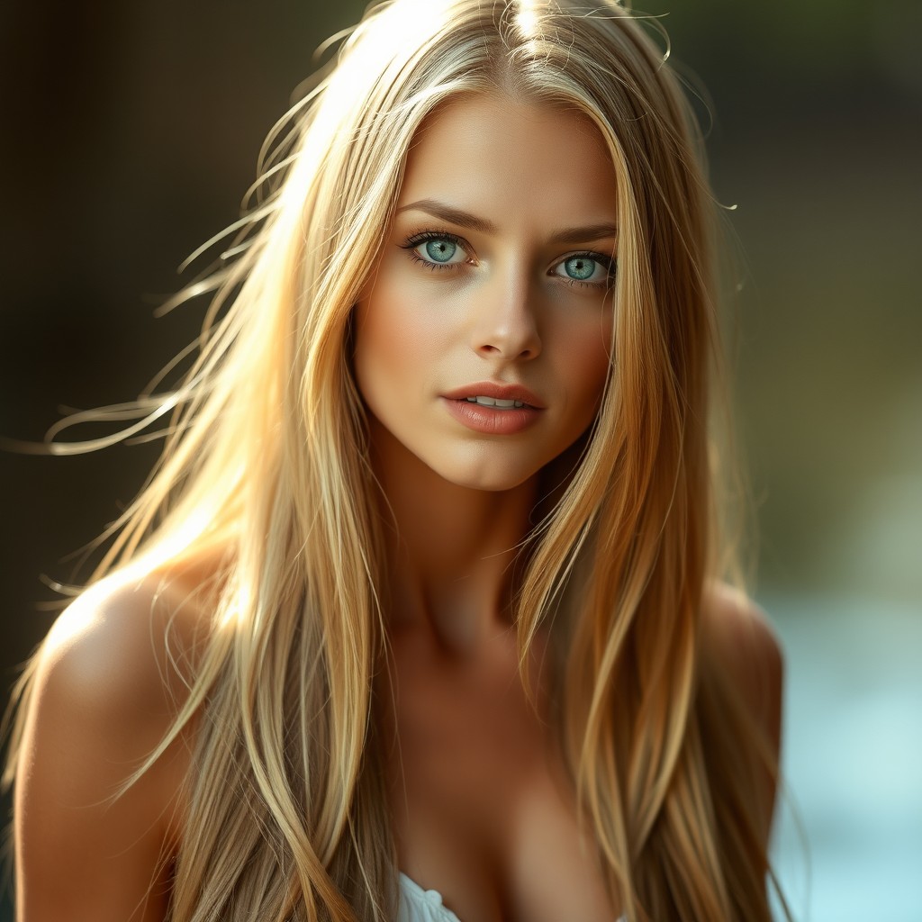A female figure with long, straight blonde hair that flows elegantly, complemented by striking green eyes and smooth, fair skin
