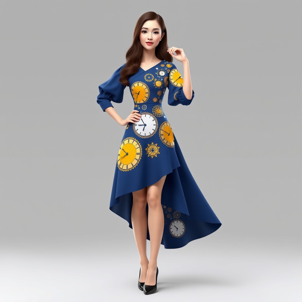 A stylized 3D digital fashion illustration of a female model in a playful pose, wearing a blue asymmetric vintage-style puff-sleeve dress with a high-low hem