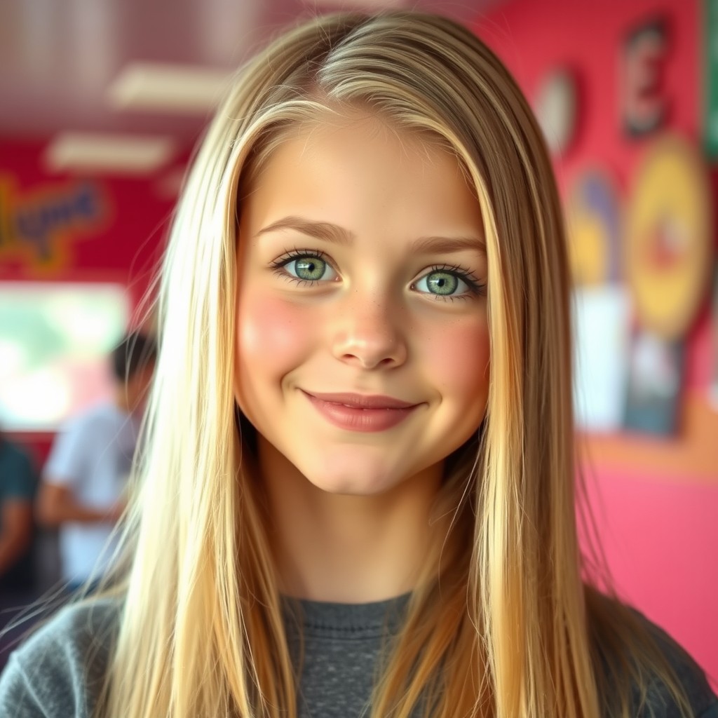 A teenage girl with long, straight blonde hair that cascades beautifully down her back