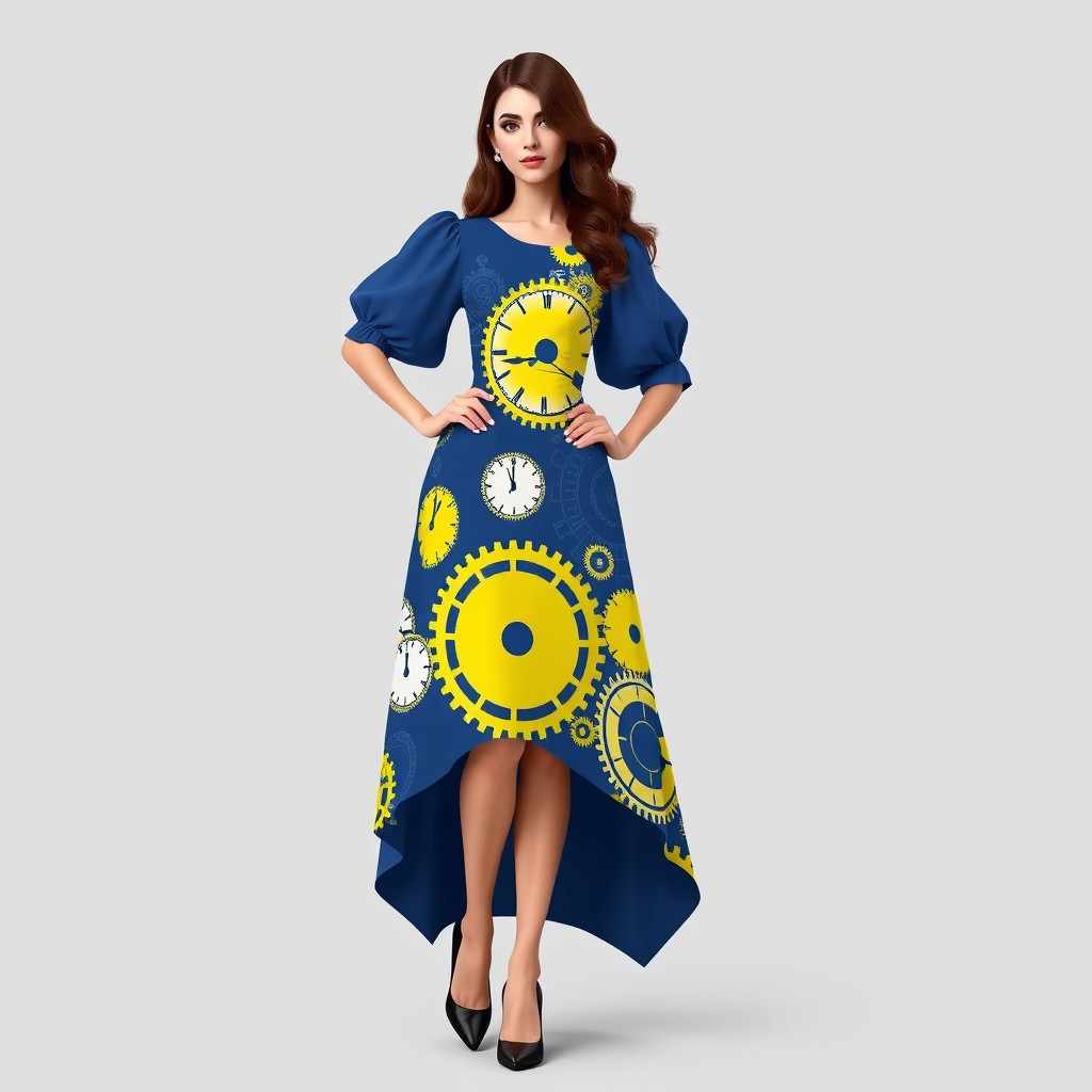A stylized 3D digital fashion illustration featuring a female model in a playful pose, adorned in an eye-catching blue asymmetric vintage-style puff-sleeve dress with a high-low hem