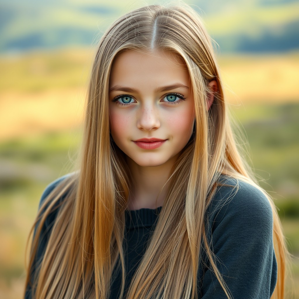 A young adult female with long, straight blonde hair that flows smoothly down her shoulders