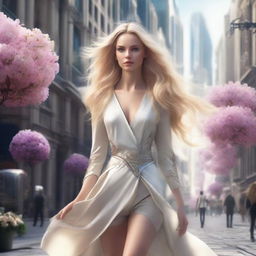 Photorealistic image of a beautiful blonde woman with flowing hair wearing luxurious attire, walking on a flower-laden street in the futuristic city.