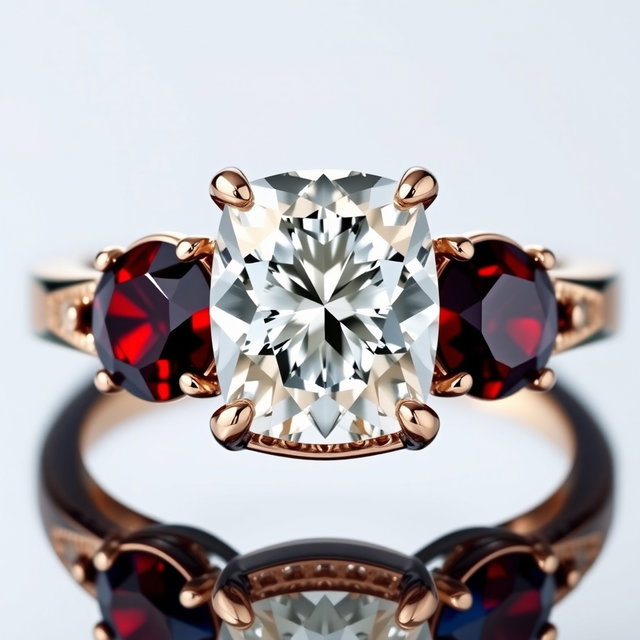 A close-up photograph of an exquisite ring featuring a large, sparkling diamond at the center, surrounded by two garnet stones and two sapphire stones, one garnet and one sapphire on each side