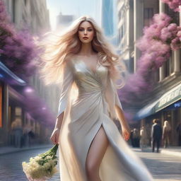 Photorealistic image of a beautiful blonde woman with flowing hair wearing luxurious attire, walking on a flower-laden street in the futuristic city.