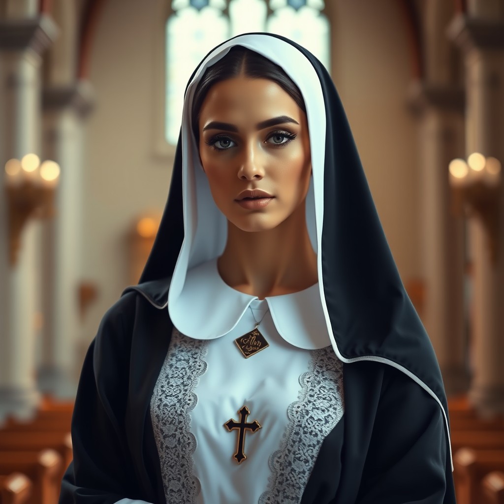 A stunning woman in a nun's outfit, elegantly draped and folded, showcasing intricate details of the fabric and lace