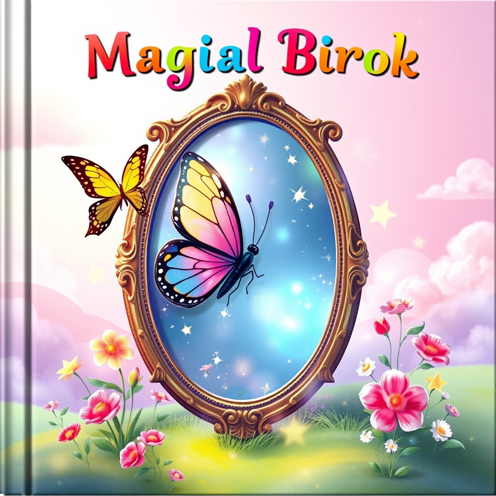 A captivating and enchanting children's book cover for girls featuring a magical mirror as the central element