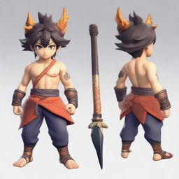 Create a picture of Sakuna, a fierce and imposing character, in his full glory. Portray him with an intimidating yet awe-inspiring look, highlighting his unique features and details that mark him as a formidable entity