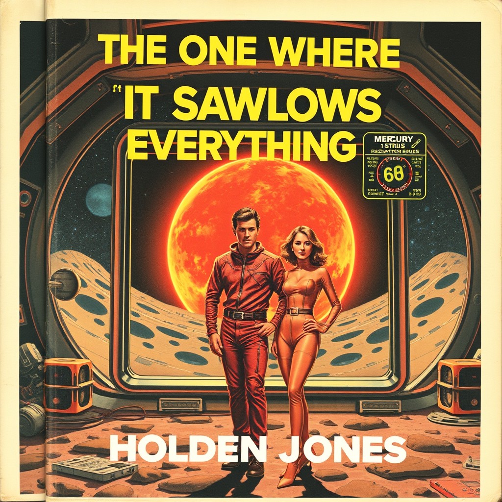 A vintage science fiction book cover set on a futuristic moon base, featuring a man and a woman in their thirties