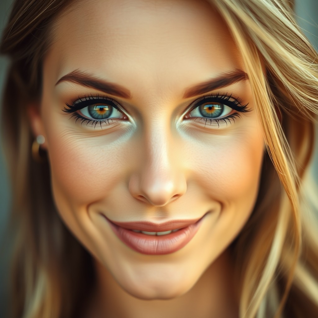 A close-up portrait of a beautiful woman with striking features and expressive eyes, her hair elegantly styled, highlighting her alluring smile