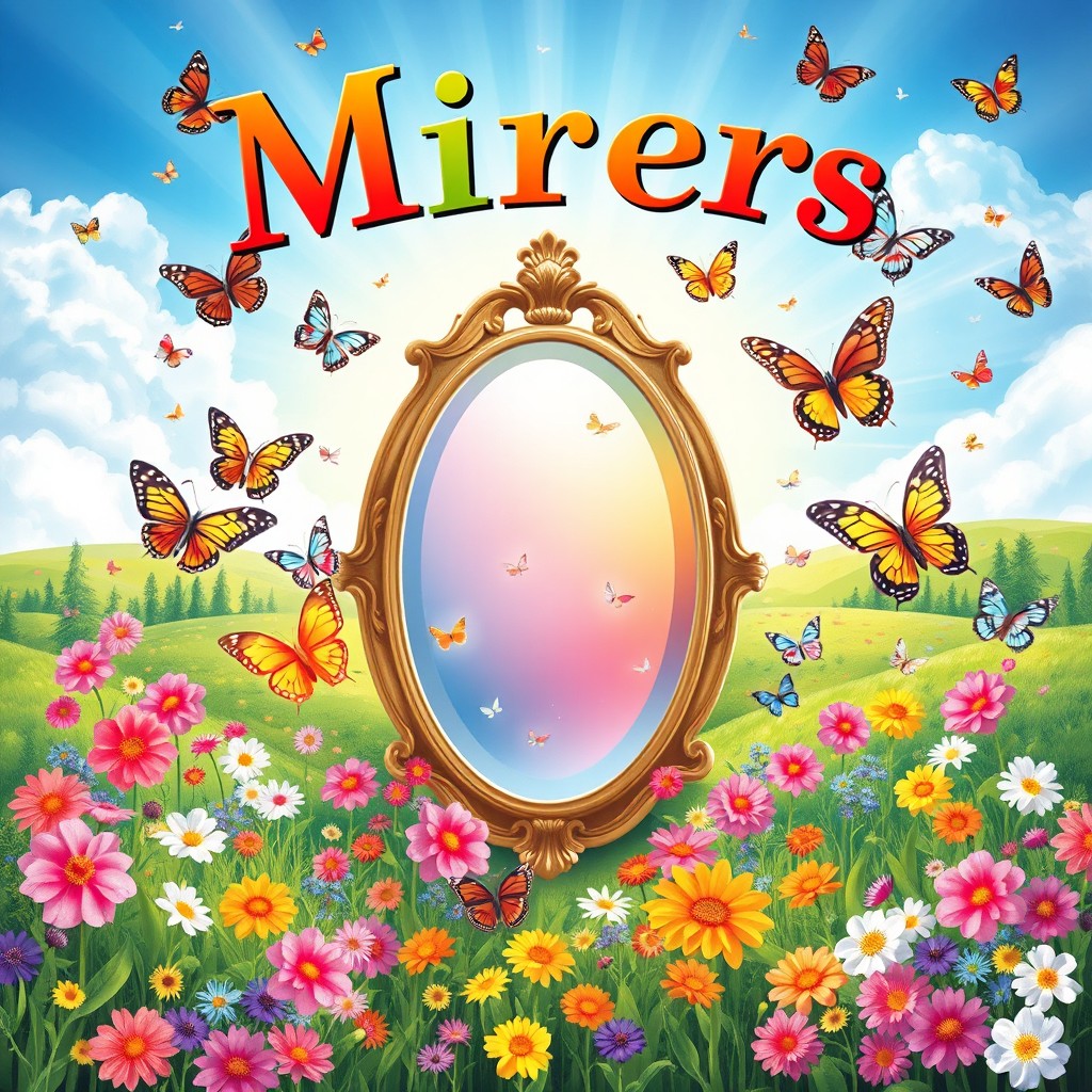 A captivating and enchanting children's book cover for girls, featuring a magical mirror as the central element