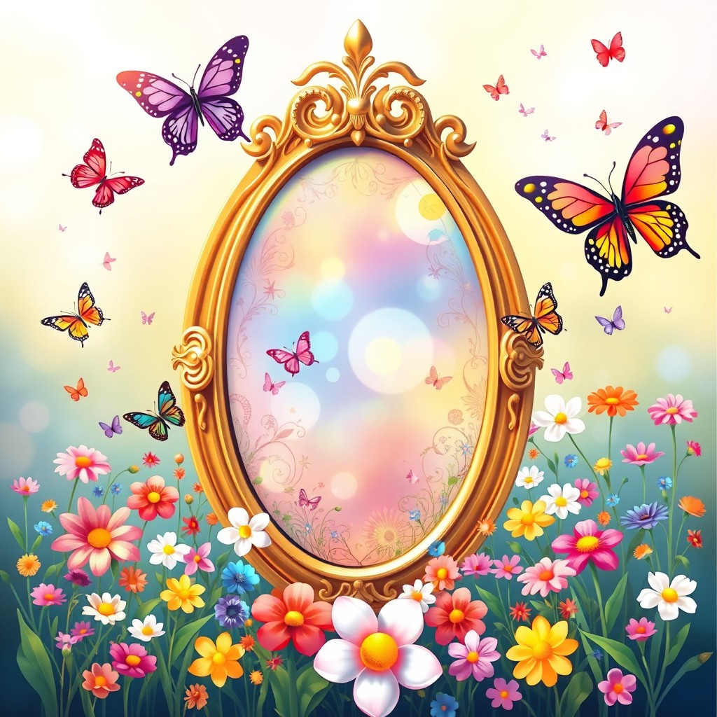 A captivating and charming children's book cover for girls featuring a magical mirror as the central element