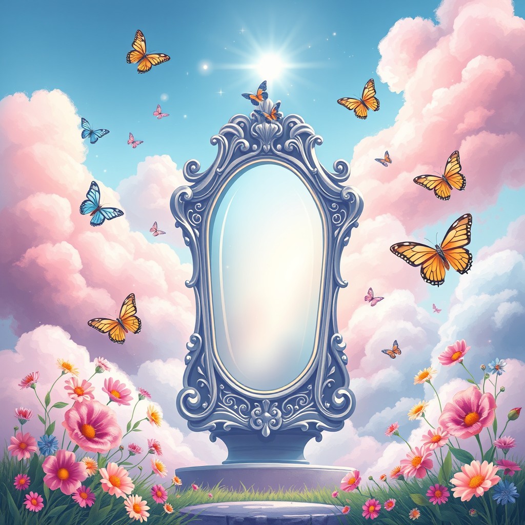 A magical children's book cover for girls featuring a dazzling and imposing mirror as the central element
