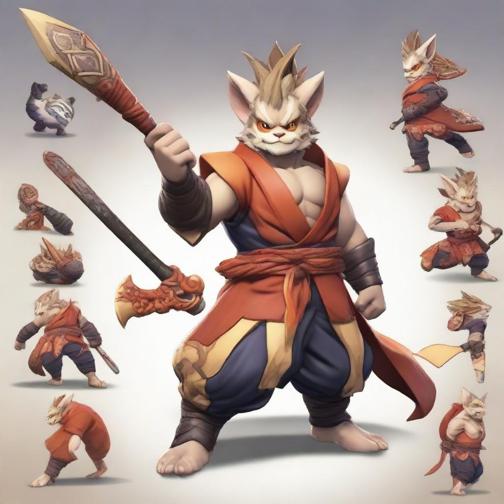 Create a picture of Sakuna, a fierce and imposing character, in his full glory. Portray him with an intimidating yet awe-inspiring look, highlighting his unique features and details that mark him as a formidable entity