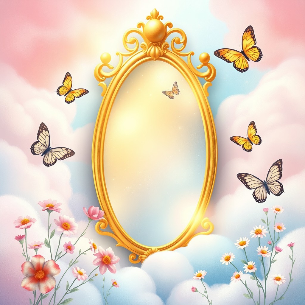 A whimsical and enchanting children's book cover for girls, featuring a prominent, shimmering golden magical mirror