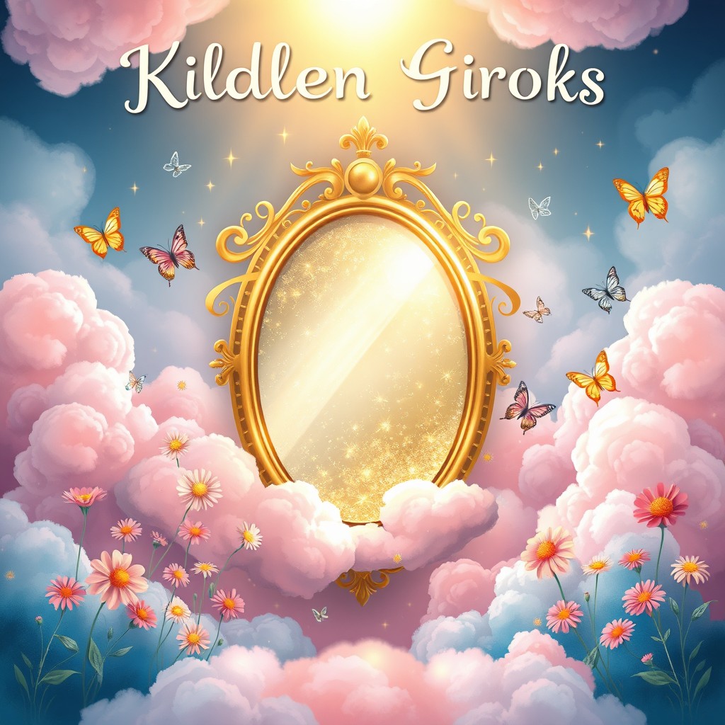 A captivating children's book cover for girls featuring a shimmering golden magical mirror as the central element